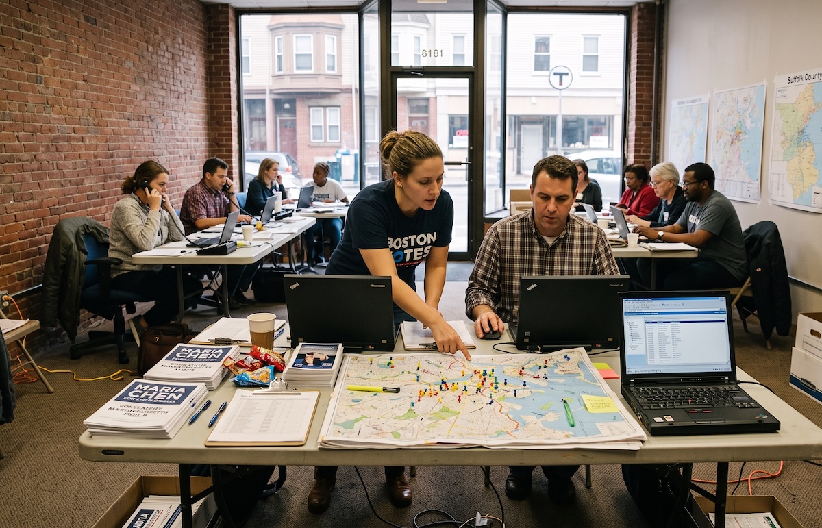 Campaign field office with coordinators working at laptops surrounded by contact lists and compliance documentation