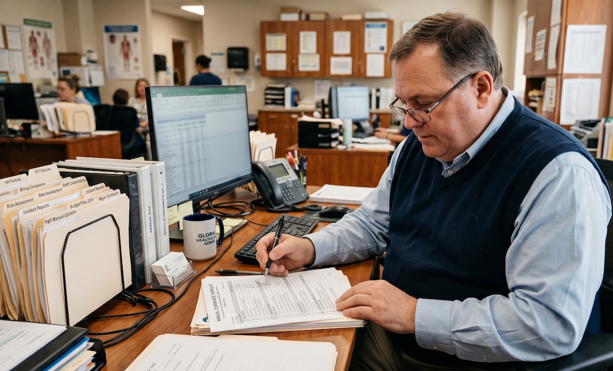 Healthcare administrator reviewing a compliance checklist at a desk in a clean clinical office environment