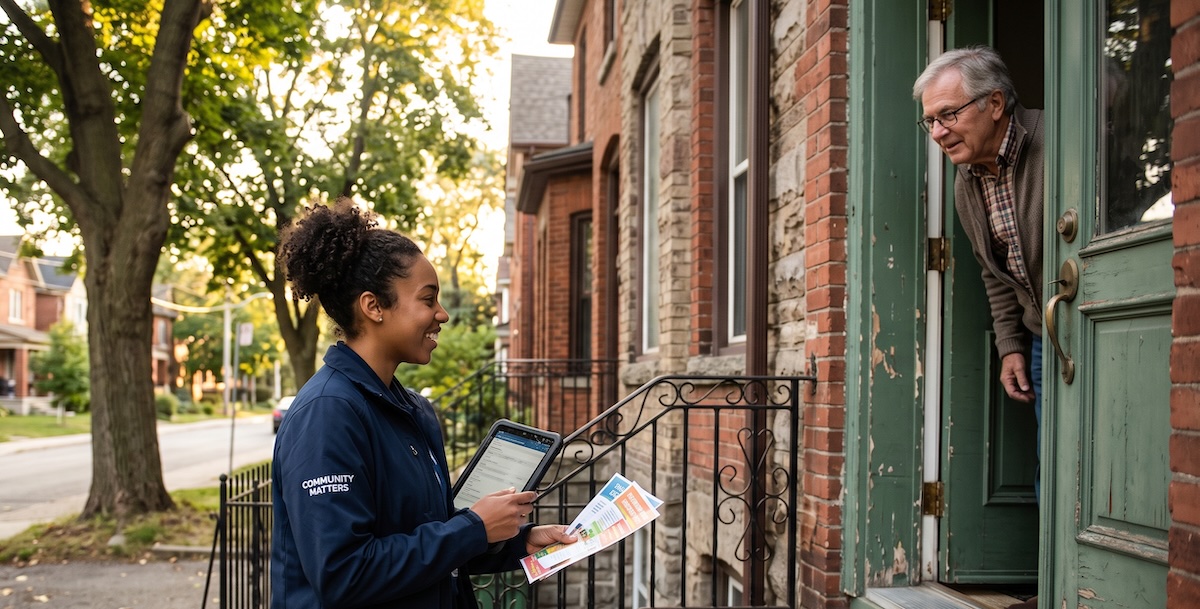Campaign canvasser in conversation at a residential doorstep with tablet in hand in late afternoon light