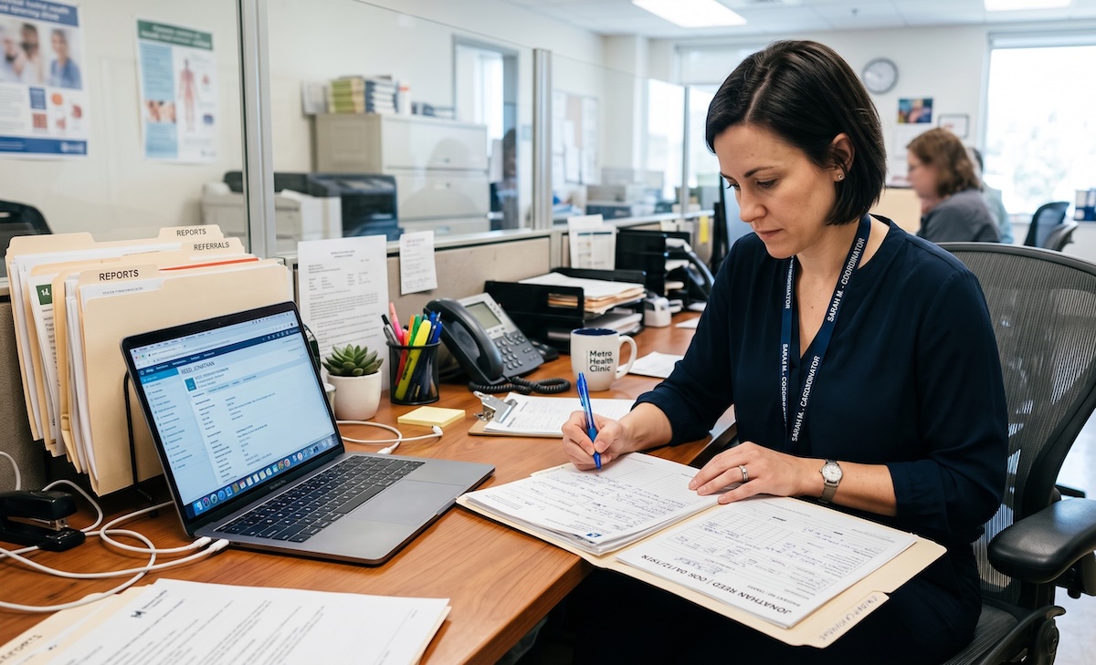 Care coordinator at a desk reviewing a patient file with a laptop open beside them in a warm clinical environment