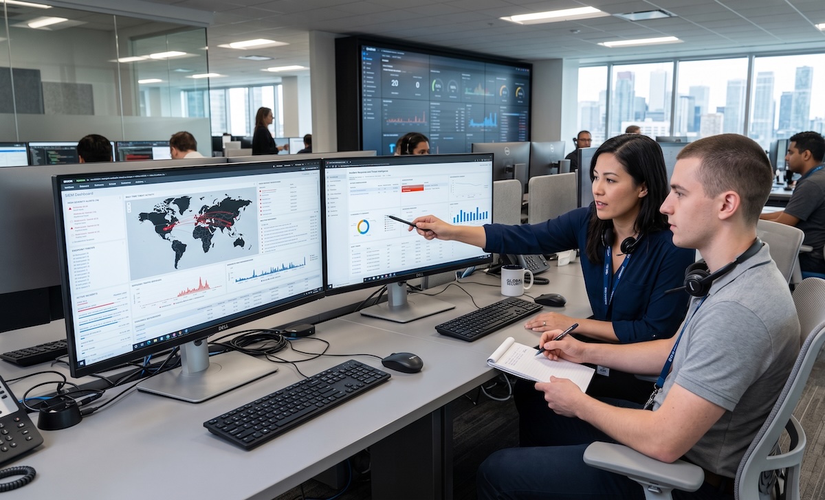 Security operations center with analysts reviewing data dashboards at night