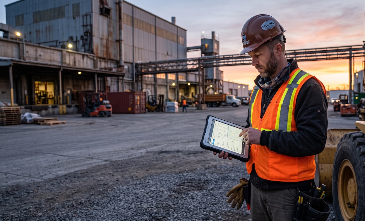 Field service technician in safety vest reviewing a tablet on a job site at dawn