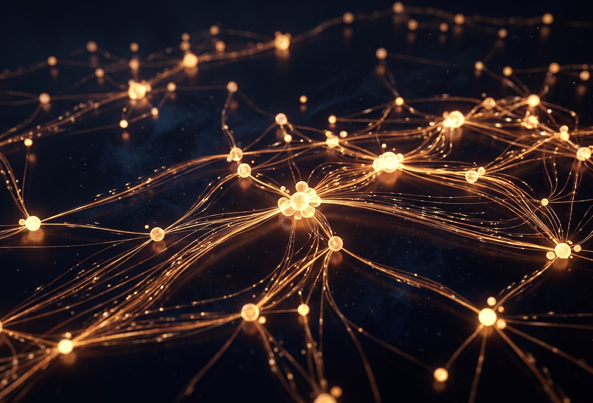 Abstract visualization of data moving through a network rendered as glowing nodes on a dark background
